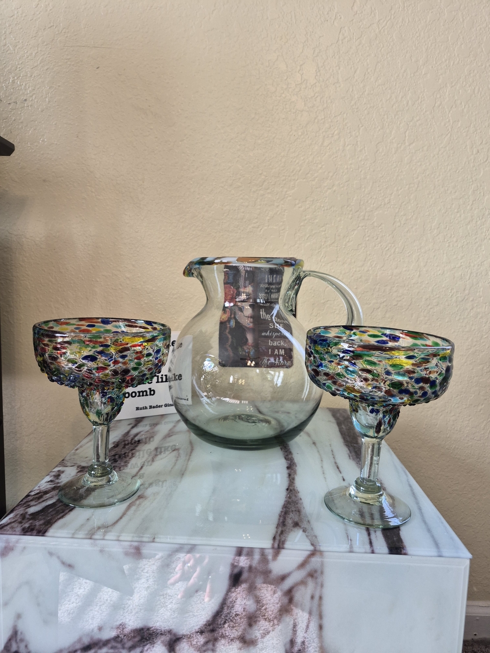 Hand-Blown Glass Pitcher And Confetti Rock Margarita Glasses - Set of 2